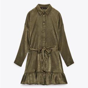 Zara Satin Shirt Dress NWT Size Medium Green